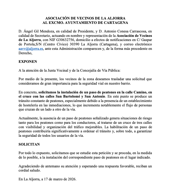 Instancia presentada ayuntamiento